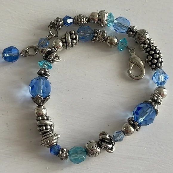 Sterling Silver Blue Crystal Beaded Bracelet Artisan Style - Picture 5 of 5